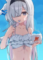 1girl alternate_costume bikini black_eyes black_hairband blue_archive blue_tongue braid brain_freeze colored_inner_hair colored_tongue commentary_request eating flat_chest food frilled_bikini frills hair_over_one_eye hairband highres long_hair looking_at_viewer multicolored_hair navel otea_cha partial_commentary pink_hair plana_(blue_archive) red_pupils ribbon shaved_ice single_braid solo swimsuit white_bikini white_hair white_ribbon