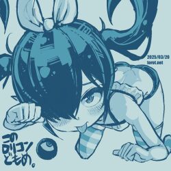 1girl all_fours ass backbeako_(torotei) backbeard blue_background blue_theme blush bow butt_crack camisole commentary dated dated_commentary gegege_no_kitarou hair_bow hair_over_one_eye hand_up kono_lolicon_domome long_hair looking_at_viewer micro_shorts monochrome no_shoes original paid_reward_available petite pointy_ears ringed_eyes shorts simple_background smile solo striped_clothes striped_thighhighs thighhighs tongue tongue_out torotei translated twintails watermark web_address