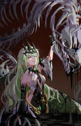 1girl absurdres animal_skeleton bare_shoulders black_dress black_gloves black_liquid black_tiara breasts center_opening clothing_cutout dou_g_(douglasiai413) dress earrings gloves green_hair highres honkai_(series) honkai_impact_3rd jewelry long_hair mobius_(honkai_impact) open_mouth ouroboros partially_submerged side_cutout slit_pupils small_breasts snake solo spikes tiara