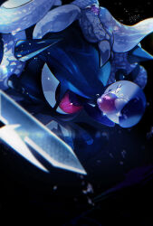 absurdres apple black_background creature food fruit highres higuchi_megumi holding holding_food holding_fruit kirby kirby&#039;s_return_to_dream_land kirby&#039;s_return_to_dream_land_deluxe kirby_(series) looking_at_another magolor magolor_soul master_crown nintendo no_humans rayman_limbs red_eyes solid_oval_eyes