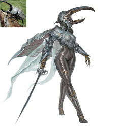 Rule 34 | 1girl, armor, bodystocking, boobplate, breastplate, cape, commentary, dung beetle, english commentary, full body, grey cape, helmet, highres, holding, holding sword, holding weapon, no shoes, original, personification, photo inset, rapier, simple background, solo, sword, tu tka, walking, weapon, white background