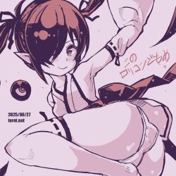 1girl armpits ass backbeako_(torotei) backbeard blush breasts closed_mouth commentary dated dated_commentary gegege_no_kitarou hair_over_one_eye hair_ribbon japanese_clothes kimono kono_lolicon_domome leg_lift long_hair looking_at_viewer monochrome nontraditional_miko one_eye_closed original paid_reward_available panties petite pink_background pink_theme pointy_ears ribbon ribbon-trimmed_sleeves ribbon-trimmed_thighhighs ribbon_trim simple_background sleeveless sleeveless_kimono small_breasts smile solo thighhighs thighs torotei translated twintails underwear watermark web_address wide_sleeves