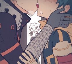 Rule 34 | 3boys, bakugou katsuki, black gloves, black shirt, blush, boku no hero academia, breath, collared shirt, commentary request, cup, curtained hair, drinking straw, eyes out of frame, french kiss, gloves, green hair, hand on another&#039;s arm, hand on another&#039;s neck, head out of frame, highres, holding, holding cup, ice 0377, jacket, kaminari denki, kiss, long sleeves, male focus, midoriya izuku, multicolored hair, multiple boys, open clothes, open jacket, open mouth, pants, popped collar, scarf, shirt, short hair, streaked hair, sweat, t-shirt, teeth, tongue, torn clothes, torn scarf, upper teeth only, v-neck, white background, wide-eyed, yaoi, yellow scarf