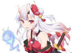 Rule 34 | 1girl, bell, black kimono, bow, breasts, gradient hair, haganemaru kennosuke, hair bell, hair ornament, hitodama, hololive, horn ornament, horn ribbon, horns, japanese clothes, katana, kimono, long hair, looking at viewer, mask, mask on head, multicolored hair, nakiri ayame, nakiri ayame (1st costume), off shoulder, oni mask, red bow, red eyes, red hair, ribbon, sash, silver hair, skin-covered horns, smile, solo, streaked hair, sword, tassel, two-tone hair, two side up, virtual youtuber, weapon, weapon on back, white background