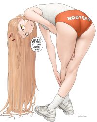 Rule 34 | 1girl, absurdres, ass, bent over, between legs, blonde hair, buruma, chainsaw man, clothes writing, cross-shaped pupils, crossed legs, demon girl, demon horns, dismaiden, english text, from behind, hand between legs, highres, hooters, horns, leaning forward, long hair, looking at viewer, looking back, orange buruma, power (chainsaw man), red horns, ringed eyes, sharp teeth, shoes, sneakers, socks, speech bubble, symbol-shaped pupils, tank top, teeth, white socks, writing on ass