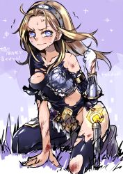 1girl ahoge anger_vein angry arm_guards arm_support armor bare_shoulders black_thighhighs blonde_hair blood blue_eyes blush body_armor bodysuit breastplate breasts broken_armor clenched_hand closed_mouth collarbone crying crying_with_eyes_open female_focus frown gloves glowing grass grey_background hairband injury kaida_michi kneeling league_of_legends long_hair looking_at_viewer lux_(league_of_legends) medium_breasts metal_hairband motion_lines single_glove sketch solo sparkle tears thighhighs thighs torn_bodysuit torn_clothes torn_legwear torn_thighhighs trembling twitter_username upset vambraces wavy_mouth white_gloves