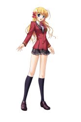 1girl :d black_socks blonde_hair blue_eyes brown_shoes buttons female_focus fortune_arterial full_body highres kneehighs loafers long_hair long_sleeves looking_at_viewer miniskirt open_mouth school_uniform sendou_erika shoes skirt smile socks solo standing transparent_background