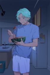 1boy blue_shirt cove_holden dark eating food fruit green_eyes green_hair holding holding_food holding_fruit holding_spoon holding_watermelon kitchen moonlight night our_life:_beginnings_and_always refrigerator ryuuieu shirt short_hair shorts sink smile solo spoon standing t-shirt upper_body watermelon white_shorts window