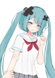 alternate_costume aqua_eyes aqua_hair aqua_nails batsu_miku blush collarbone collared_shirt grey_skirt hair_between_eyes hair_ornament hatsune_miku holding_another&#039;s_wrist kowareta_sekai_to_utaenai_miku long_hair neckerchief open_mouth pleated_skirt project_sekai red_neckerchief school_uniform shirt short_sleeves simple_background skirt twintails very_long_hair vocaloid white_background white_shirt x_hair_ornament zenjimaru