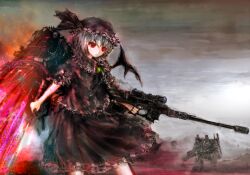 alternate_color armored_core armored_core_v bat_wings black_wings blue_hair commentary_request crossover dress frilled_dress frilled_skirt frilled_sleeves frills glowing glowing_weapon green_brooch grind_blade grind_blade_(armored_core) gun hat hat_ribbon holding holding_gun holding_weapon lokijuhyd looking_to_the_side mecha mob_cap red_eyes remilia_scarlet ribbon rifle robot scope short_hair skirt sniper_rifle touhou ultimate_weapon_(armored_core) weapon wings