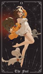 1girl animal_ears arm_up barefoot bone_hair_ornament braid breasts brown_hair card_(medium) closed_eyes commentary dancing dog_ears dog_girl dog_tail double-parted_bangs dress english_commentary feet futo-inu gum_shrew hair_between_eyes hair_ornament hairclip highres hololive hoso-inu inugami_korone inugami_korone_(1st_costume) jacket long_hair low_twin_braids medium_breasts off_shoulder official_art open_clothes open_jacket open_mouth short_dress sleeveless sleeveless_dress smile tail tarot tarot_(medium) the_fool_(tarot) twin_braids virtual_youtuber white_dress yellow_jacket