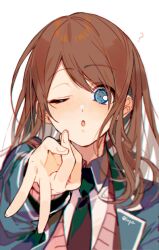 1girl ? anzu_(ensemble_stars!) black_necktie blue_eyes blue_jacket blush brown_hair collared_shirt ensemble_stars! gyaru_v hand_up jacket long_hair looking_at_viewer necktie one_eye_closed open_mouth pink_sweater_vest sapphire_(nine) shirt simple_background solo sweater_vest v white_background white_shirt