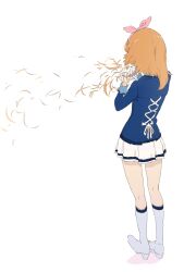 absurdres aikatsu! aikatsu!_(series) blue_shirt boots bow bow_hairband cutting_hair cutting_own_hair from_behind full_body hair_bow hairband hands_up highres holding holding_scissors legs_apart long_hair long_sleeves miniskirt orange_hair ozora_akari pink_bow pink_hairband saitou_atsushi_(kamatamanankotu) school_uniform scissors shirt simple_background skirt standing star_harmony_academy_school_uniform white_background white_boots white_skirt
