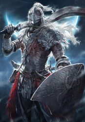 1other absurdres armor bloody_wolf_(elden_ring) cowboy_shot elden_ring full_armor gauntlets helm helmet highres holding holding_shield holding_sword holding_weapon michairu night outdoors over_shoulder rain shield shoulder_armor sword sword_on_back tarnished_(elden_ring) weapon weapon_on_back weapon_over_shoulder