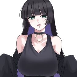 Rule 34 | 1girl, aqua eyes, barbell piercing, black choker, black dress, black hair, blunt bangs, bocchi the rock!, breasts, chin piercing, choker, clothing cutout, colored inner hair, dress, ear piercing, earclip, goth fashion, head tilt, highres, hime cut, industrial piercing, jewelry, labret piercing, large breasts, long hair, long sleeves, looking at viewer, mouth piercing, multicolored hair, open mouth, pa-san, piercing, purple hair, reaching, reaching towards viewer, shoulder cutout, simple background, sleeveless, solo, strapless, strapless dress, two-tone hair, upper body, very long hair, white background, yukahire