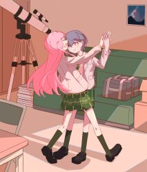2girls bag bang_dream! bang_dream!_it&#039;s_mygo!!!!! black_footwear blazer bluebird_(bluebird) blush brown_eyes chair chihaya_anon closed_eyes commentary couch dancing diagonal-striped_clothes diagonal-striped_necktie fang green_necktie green_skirt green_socks grey_bag grey_hair grey_jacket hand_on_another&#039;s_waist haneoka_school_uniform highres indoors jacket kneehighs loafers long_hair long_sleeves multiple_girls necktie open_mouth pink_hair plaid_clothes plaid_skirt pleated_skirt school_bag school_uniform shirt shoes short_hair skirt socks striped_clothes takamatsu_tomori telescope white_shirt yuri