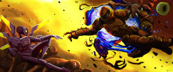 baekmaddison blood blue_blood colored_blood corpse crossover debris doom_(series) doom_eternal doomguy explosion eyeball fine_art_parody glowing glowing_wings highres imp_(doom) insignia joints male_focus mechanical_wings orange_wings organs outstretched_arm outstretched_hand parody pile_of_corpses praetor_suit reaching robot robot_joints signature spread_wings the_creation_of_adam trait_connection ultrakill v1_(ultrakill) wings