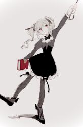 Rule 34 | 1girl, arm up, black ribbon, black shirt, black shoes, black skirt, black thighhighs, book, closed mouth, floating hair, full body, grey background, grey hair, hair ribbon, high-waist skirt, highres, holding, holding book, holding umbrella, idolmaster, idolmaster cinderella girls, imay3927, kanzaki ranko, long hair, long sleeves, looking up, red eyes, ribbon, shirt, shoes, simple background, skirt, smile, solo, standing, standing on one leg, thighhighs, twintails, umbrella