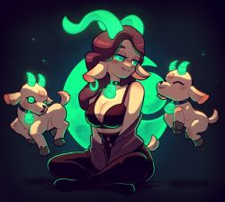 1girl absurdres animal_ears artist_name bell black_bra blush bra breasts brown_hair cleavage closed_mouth crossed_legs dark-skinned_female dark_skin earrings furry furry_female gaziter goat goat_ears goat_girl goat_horns green_eyes highres horizontal_pupils horns indian_style jewelry large_breasts long_hair looking_away lusine_(gaziter) neck_bell original sitting smile solo twitter_username underwear