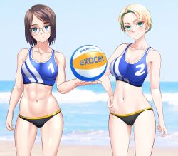 2girls abs absurdres ball beach beach_volleyball bikini black_hair blonde_hair blue_eyes blue_sky breasts commentary_request day glasses hand_on_own_hip highres holding holding_ball horizon large_breasts mismatched_bikini multicolored_hair multiple_girls ocean original outdoors sky sports_bikini streaked_hair swimsuit takafumi variant_set volleyball_(object)