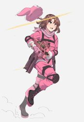 1girl absurdres animal_ears animal_hat black_boots blush boots brown_eyes brown_hair bullpup newsboy_cap commentary_request fake_animal_ears gar32 gloves grey_background gun hat highres holding holding_gun holding_weapon jacket knee_pads lace-up_boots llenn_(sao) open_mouth p90 pants parted_bangs personal_defense_weapon pink_gloves pink_hat pink_jacket pink_pants simple_background smoke solo submachine_gun sword_art_online tears teeth unworn_hat unworn_headwear upper_teeth_only weapon