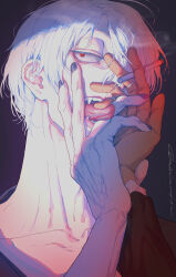 1boy between_fingers cigarette eyelashes fangs gegege_no_kitarou grey_background grey_nails hair_over_one_eye hand_on_another&#039;s_face hand_on_own_face hand_up head_tilt highres holding holding_cigarette holding_hands kitarou_tanjou:_gegege_no_nazo licking licking_another&#039;s_finger licking_finger licking_own_finger long_sleeves looking_at_viewer male_focus medama_oyaji medama_oyaji_(human) messy_hair one_eye_covered open_mouth out_of_frame pale_skin pov pov_hands red_eyes sanpaku short_hair signature smoke solo_focus tongue tongue_out white_hair yamyanm.k