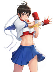1girl absurdres bandages blue_skirt bread bread_slice breasts brown_eyes brown_hair food food_in_mouth gloves headband highres holding jam kasugano_sakura lagna looking_at_viewer medium_breasts midriff mouth_hold navel pleated_skirt sailor_collar school_uniform short_hair short_sleeves simple_background skirt smile solo stomach street_fighter street_fighter_zero_(series) toast toast_in_mouth