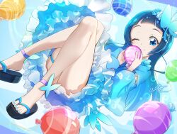 Rule 34 | 1girl, absurdres, aokaze nana, balloon, bare legs, blue dress, blue eyes, blue hair, blue nails, clear glass (mildmild1311), dress, fingernails, flower, frilled dress, frills, hair flower, hair ornament, highres, holding, holding balloon, long hair, looking at viewer, nail polish, one eye closed, precure, sandals, signature, solo, toenail polish, toenails