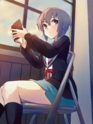 Rule 34 | 1girl, blue sailor collar, blue skirt, book, brown cardigan, brown eyes, cardigan, chair, closed mouth, folding chair, highres, holding, holding book, indoors, karate (karatedazey), kita high school uniform, legs, long sleeves, looking to the side, nagato yuki, nagato yuki-chan no shoushitsu, on chair, open cardigan, open clothes, purple hair, red ribbon, ribbon, sailor collar, school uniform, serafuku, short hair, sitting, skirt, solo, suzumiya haruhi no shoushitsu, suzumiya haruhi no yuuutsu, thighs, window, winter uniform
