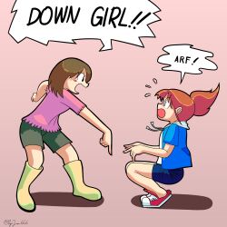 2girls absurdres angry ayumu_niikura barking black_eyes blue_hoodie boots brown_hair city_(arawi_keiichi) down_boy!!_(meme) english_text high_ponytail highres hood hoodie meme multiple_girls nagumo_midori pepijuan pointing ponytail short_hair shorts shouting simple_background speech_bubble squatting