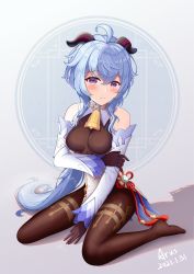 ahoge arm_under_breasts artist_name arus bare_shoulders bell between_legs black_gloves black_pantyhose blue_hair blush breasts chinese_knot curled_horns dated detached_sleeves flower_knot ganyu_(genshin_impact) genshin_impact gloves gold_trim highres horns jewelry long_hair looking_at_viewer medium_breasts neck_bell no_shoes pantyhose purple_eyes sidelocks sitting solo tassel thighlet very_long_hair vision_(genshin_impact) wariza white_sleeves