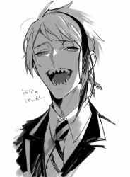 1boy collared_shirt greyscale jacket jade_leech looking_at_viewer male_focus monochrome multicolored_hair open_mouth sharp_teeth shirt smile streaked_hair tatsuta_age teeth torso twisted_wonderland upper_body