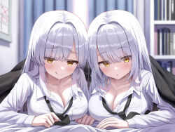 2girls :p absurdres bed bed_sheet black_necktie blanket blush book bookshelf breasts calendar_(object) cleavage closed_mouth collarbone collared_shirt curtains highres indoors large_breasts long_hair looking_at_viewer multiple_girls necktie on_bed open_clothes open_mouth open_shirt original school_uniform shirt simple_background smile superpig tongue tongue_out under_covers white_hair white_shirt yellow_eyes