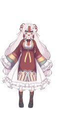 1girl ao_nhat_binh boots dress frilled_dress frilled_sleeves frills green_eyes highres ksurushirina lolita_fashion open_mouth original patterned_clothing smile tassel viet_lolita vietnamese_clothes white_background white_hair