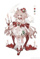 1girl absurdres back bad_tag bell bow bowtie candle candlestand christmas collar dress drill fire flower frills gloves guide hair_ornament hairclip hat highres holding horns janes logo neck ribbon rose sample_watermark shoes single single_thighhigh sleeveless socks solo thighhighs username waist watermark weibo wokeyiqilaima