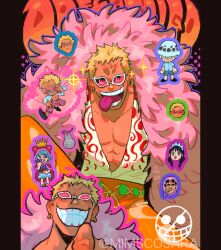 Rule 34 | 2girls, 3boys, baby 5, black hair, blonde hair, character name, chibi, coat, donquixote doflamingo, donquixote pirates jolly roger, earrings, green hair, highres, jewelry, long hair, mimscosara, multiple boys, multiple girls, one piece, open clothes, open mouth, open shirt, orange pants, pants, pink coat, senor pink, shirt, short hair, smile, sparkle, sugar (one piece), sunglasses, teeth, tongue, tongue out, trafalgar law, twitter username, variations, white shirt