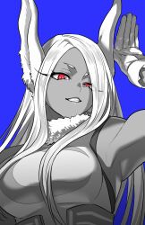 00_00mare 1girl animal_ears armpits bare_shoulders blue_background boku_no_hero_academia breasts commentary_request crescent_print fur_collar greyscale_with_colored_background hand_up highleg highleg_leotard highres large_breasts leotard long_eyelashes long_hair looking_at_viewer mirko parted_bangs rabbit_ears rabbit_girl rabbit_pose raised_eyebrow red_eyes sleeveless_turtleneck_leotard smile solo spot_color toned toned_female uneven_eyes upper_body very_long_hair
