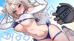 1girl bikini blue_bikini blue_eyes blush breasts clothes_lift clothing_cutout front-tie_bikini_top front-tie_top gotica grey_hair hands_up highres holding_stopwatch large_breasts lee_rein long_hair long_sleeves mole mole_under_eye navel o-ring o-ring_thigh_strap shirt shirt_lift shoulder_cutout side-tie_bikini_bottom stopwatch sweat swimsuit thigh_strap virtual_youtuber vlyz watch white_shirt