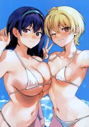 2girls ;) absurdres ahoge bikini blonde_hair blue_hairband blush breast_press breasts cleavage hairband harumi_hana highres huge_breasts ichihara_chiaki konbu_wakame looking_at_viewer mole mole_under_eye multiple_girls official_art one_eye_closed orange_eyes purple_eyes sekai_de_ichiban_oppai_ga_suki! short_hair small_breasts smile swimsuit v white_bikini