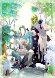 Rule 34 | 1girl, 1other, backlighting, bench, birdcage, blue eyes, breasts, cage, cape, enkidu (celebratory attire) (fate), fate/grand order, fate (series), floral print, flower, green eyes, high heels, highres, holding, holding another&#039;s hair, holding plant, large breasts, large horns, looking at another, plant, red flower, red rose, rose, side slit, sitting, standing, sunflower, tiamat (fate), tsukumo kyouko, vase, watering can