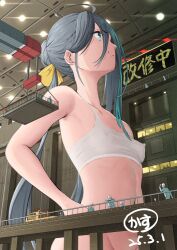 Rule 34 | 1girl, bra, covered erect nipples, giant, giantess, grey eyes, grey hair, hair between eyes, hand on own hip, indoors, kantai collection, kasu (kasunohikari), kiyoshimo (kancolle), long hair, low twintails, no panties, out-of-frame censoring, training bra, translation request, twintails, underwear, very long hair