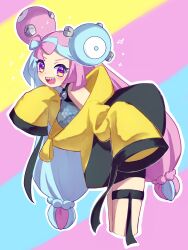 Rule 34 | bow-shaped hair, character hair ornament, grey pantyhose, hair ornament, hexagon print, highres, iono (pokemon), jacket, long hair, low-tied long hair, multicolored hair, nintendo, oversized clothes, pantyhose, pokemon, pokemon sv, sharp teeth, single leg pantyhose, sleeves past fingers, sleeves past wrists, split-color hair, teeth, two-tone hair, very long sleeves, x, yellow jacket, yubo (yubo san)