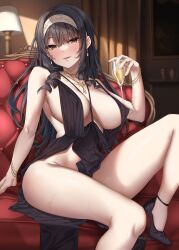 1girl absurdres bare_shoulders black_hair blunt_bangs blush bracelet breasts commentary_request cup dress drinking_glass earrings evening_gown hairband high_heels highres holding holding_cup jack_dempa jewelry large_breasts long_hair looking_at_viewer natsukawa_kuroba_(jack_dempa) necklace original revealing_clothes smile solo sweat thighs wine_glass yellow_eyes