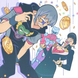 1girl 1other 5boys absurdres armor belt biting_coin black_hair black_jumpsuit braid brooch coin colored_skin commentary crazy_diamond crying diamond_wa_kudakenai dixie_cup_hat english_commentary gakuran giorno_giovanna grey_hair grey_shirt hair_ornament hair_over_eyes hat heart heart_brooch heart_ornament higashikata_josuke higashikata_josuke_(jojolion) high_collar highres hood hood_down horseshoe_hat_ornament horseshoe_ornament jewelry jodio_joestar johnny_joestar jojo_no_kimyou_na_bouken jojolion jumpsuit kuujou_jolyne kuujou_joutarou long_sleeves male_focus military_hat mouth_hold multiple_boys open_mouth peace_symbol peaked_cap pectoral_cleavage pectorals pink_shirt pink_skin pompadour purple_belt sailor_hat school_uniform shirt short_sleeves side_braid stand_(jojo) star_(symbol) star_hair_ornament stardust_crusaders steel_ball_run stone_ocean surprised tears teeth the_jojolands tongue tongue_out vento_aureo wing_ornament wristband yoyk1