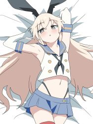1girl arms_behind_head baasaku_(balasaku24) black_hairband black_neckerchief black_panties blonde_hair blue_sailor_collar blue_skirt commentary_request cowboy_shot crop_top elbow_gloves gloves grey_eyes hairband highleg highleg_panties highres kantai_collection long_hair looking_at_viewer lying microskirt miniskirt neckerchief panties pleated_skirt sailor_collar shimakaze_(kancolle) shirt skirt sleeveless sleeveless_shirt solo striped_clothes striped_thighhighs thighhighs underwear white_gloves