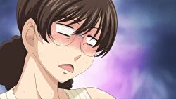1girl 2020 20s animated animated_gif blush curly_hair glasses hitozuma_mitsu_to_niku housewife implied_masturbation mature_female no_pupils obasan_(hitozuma_mitsu_to_niku) open_mouth ponytail queen_bee_(animation_studio) surprised tagme vest