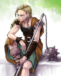 1boy aqua_eyes aqua_tunic arm_guards armor belt bianca_(dq5) blonde_hair boots braid brown_armor brown_boots cape collarbone commentary_request dragon_quest dragon_quest_v earrings fur_boots gem genderswap genderswap_(ftm) highres holding holding_mace holding_weapon jewelry leather_armor looking_to_the_side low_twin_braids mace male_focus o-ring o-ring_belt orange_cape parted_hair pekuchin_(pekuchin_3) pink_gemstone simple_background sitting solo sphere_earrings spiked_mace spikes tunic twin_braids weapon