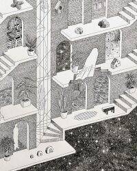 2others birdhouse building doorway ghost grass greyscale highres isometric mirror monochrome multiple_others nib_pen_(medium) original pen_(medium) plant potted_plant reflection rock rug ryaw scenery sheet_ghost shell silhouette space stairs star_(sky) surreal tile_floor tiles toy_house traditional_media tree