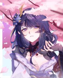 1girl blue_pupils blunt_bangs blush branch breasts bridal_gauntlets cherry_blossoms cleavage clothing_cutout collarbone commentary_request dappled_sunlight embarrassed falling_petals genshin_impact gyeol_hon21 hair_ornament hand_up head_tilt highres japanese_clothes kimono large_breasts long_hair long_sleeves looking_to_the_side mitsudomoe_(shape) mole mole_under_eye neck_ribbon off_shoulder outdoors parted_lips petals pink_petals purple_eyes purple_hair purple_kimono purple_nails purple_sash raiden_shogun red_ribbon ribbon sash shade shoulder_cutout sky solo sunlight tomoe_(symbol) tree tree_shade upper_body wide_sleeves