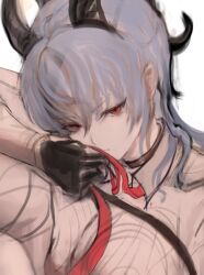 1girl adjusting_clothes adjusting_necktie black_choker black_gloves black_horns breasts chest_harness choker closed_mouth commentary_request curled_horns gloves grey_hair harness horns large_breasts long_hair necktie portrait red_eyes red_necktie seena_(seena_illust) simple_background solo white_background wuthering_waves zani_(wuthering_waves)